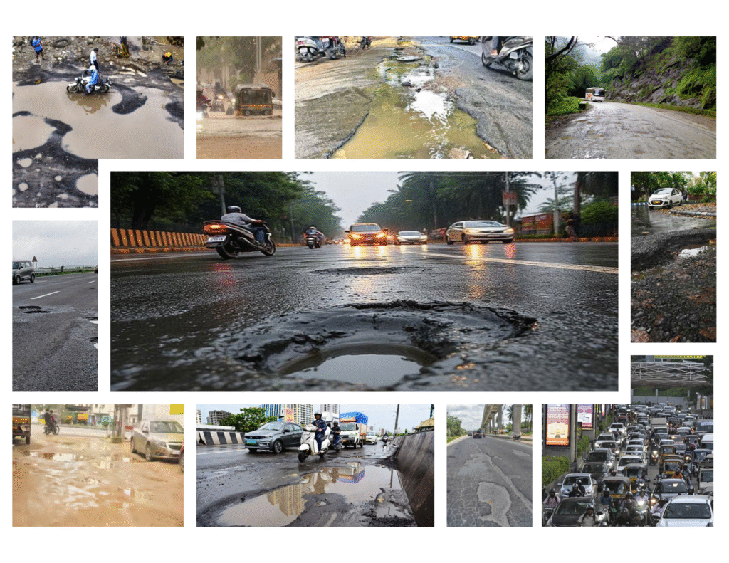 Expanded comparison collage with Royal Enfield campaign shots above and multiple images of potholed, waterlogged, and damaged Indian roads below, emphasising the disconnect between marketing imagery and real-world infrastructure.