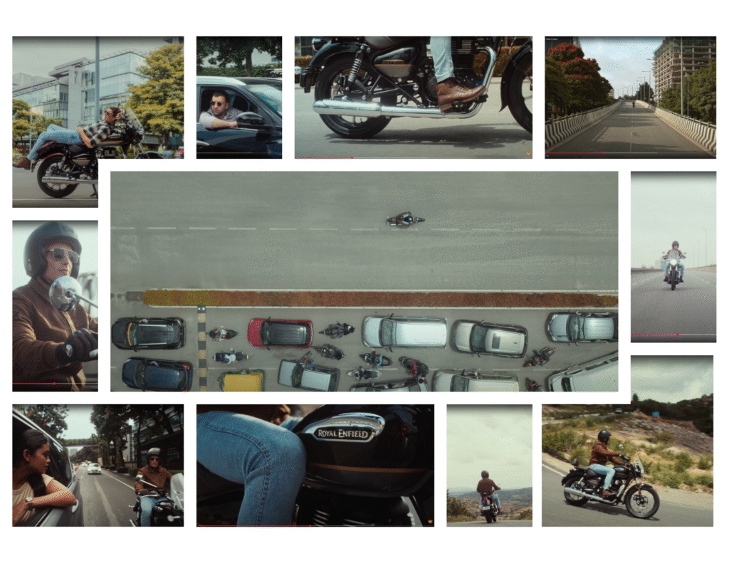 Split composite image: the top half displays polished station-road campaign images—smooth streets, scenic vistas, and cinematic bike close-ups—and the bottom half reveals rain-soaked potholes, broken pavement, and congested traffic on Indian roads.