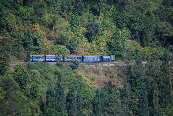 "Split image showing traditional Bengali Durga Puja celebration in ornate pandal with multigenerational devotees contrasted with peaceful Darjeeling toy train journey through green hills