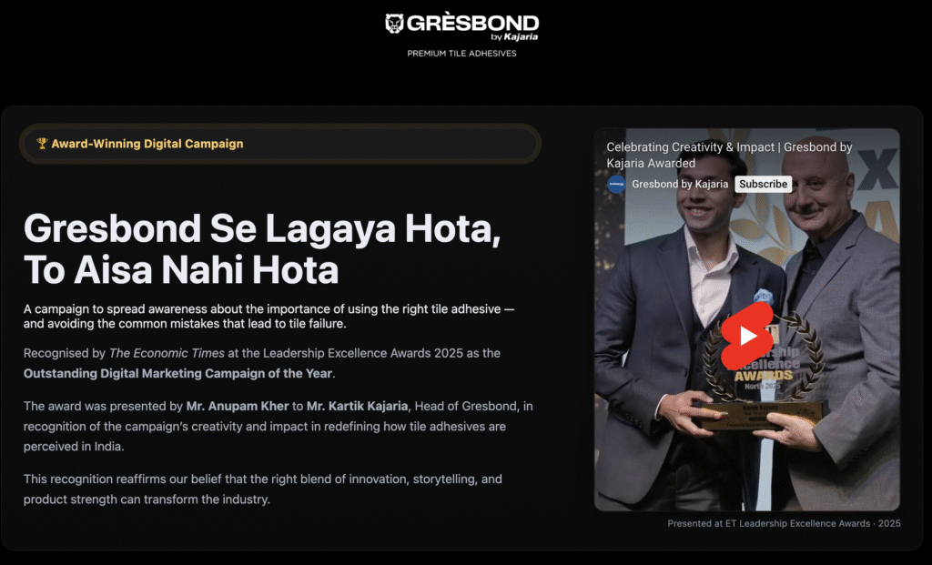 Gresbond by Kajaria promotional graphic featuring their award-winning digital campaign tagline 'Gresbond Se Lagaya Hota, To Aisa Nahi Hota' with campaign description and award details from ET Leadership Excellence Awards 2025, alongside a photo of two men in business attire holding a trophy at the awards ceremony