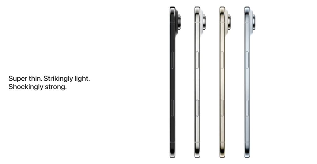 iPhone Air lineup showing four ultra-thin devices in black, silver, gold, and blue finishes with Apple's marketing copy 'Super thin. Strikingly light. Shockingly strong.' emphasising the 5.6mm profile design philosophy