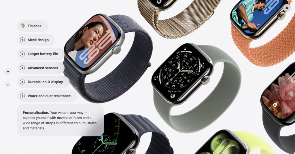 Multiple Apple Watch Series 11 models in various finishes and bands against a white background, alongside expandable feature list items—Sleek design, Longer battery life, Advanced sensors, Durable Ion-X display, Water and dust resistance—and a personalised copy block noting dozens of faces and strap options.