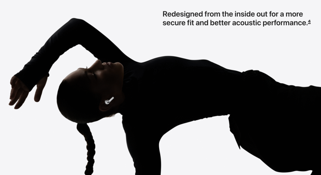 Silhouetted person in yoga pose wearing AirPods Pro 3, with marketing text 'Redesigned from the inside out for a more secure fit and better acoustic performance' emphasising user experience over technical specifications