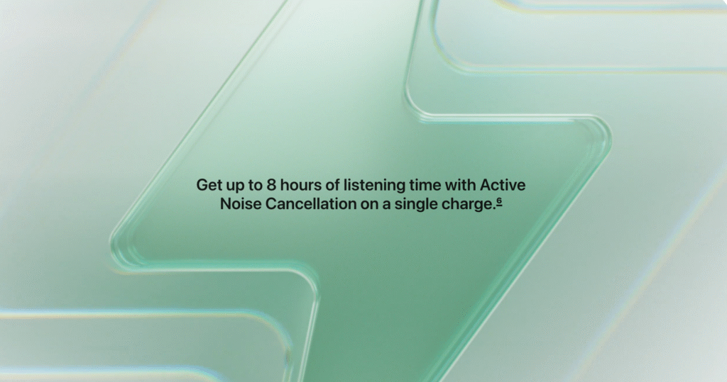 Abstract green gradient design with translucent shapes containing Apple's battery life messaging 'Get up to 8 hours of listening time with Active Noise Cancellation on a single charge' demonstrating outcome-focused copy writing.
