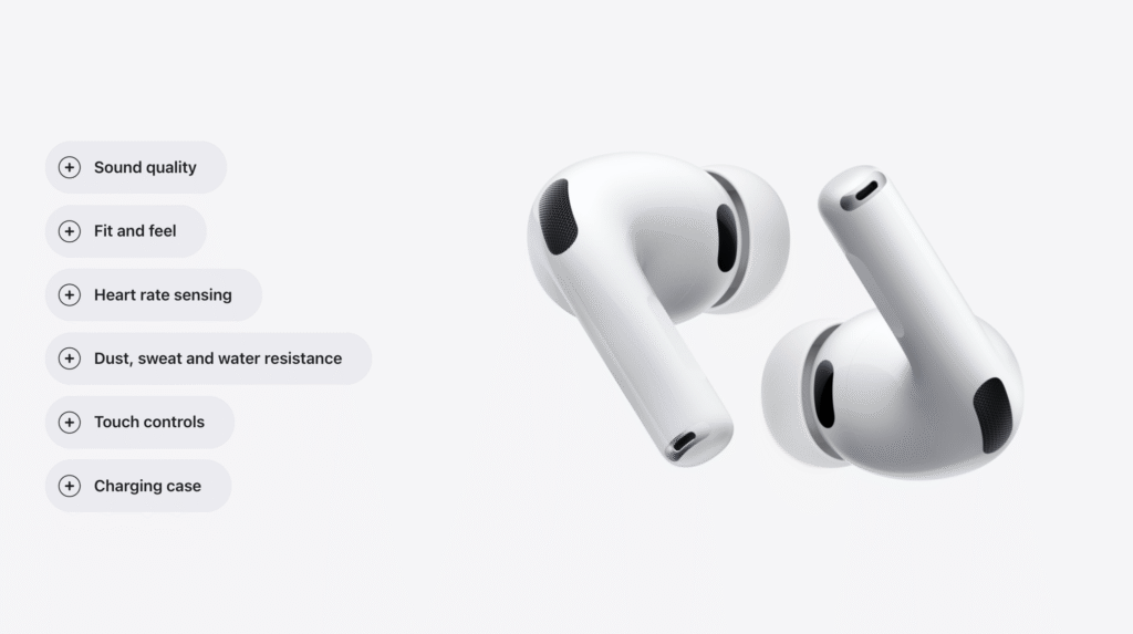 AirPods Pro 3 product shot with expandable feature list showing benefit-focused UX writing: Sound quality, Fit and feel, Heart rate sensing, Dust/sweat/water resistance, Touch controls, and Charging case demonstrating Apple's progressive disclosure approach