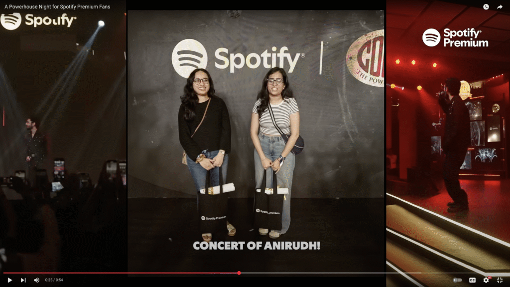 Collage of moments from a Spotify Premium event, featuring a live concert performance, two fans posing with exclusive merchandise in front of the Spotify backdrop, and an artist engaging with the audience under dynamic stage lighting.

