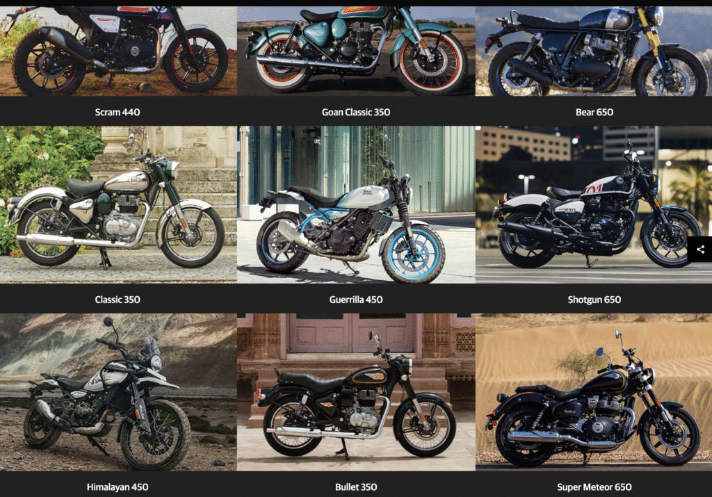 Royal Enfield ‘Our World’ section showcasing model thumbnails: Scram 440, Goan Classic 350, Bear 650, Classic 350, Guerrilla 450, Shotgun 650, Himalayan 450, Bullet 350, and Super Meteor 650.