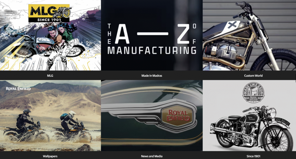 Royal Enfield homepage carousel featuring ‘MLG Since 1901’, ‘Made In Madras’ manufacturing documentary, and ‘Custom World’ workshop series banners.