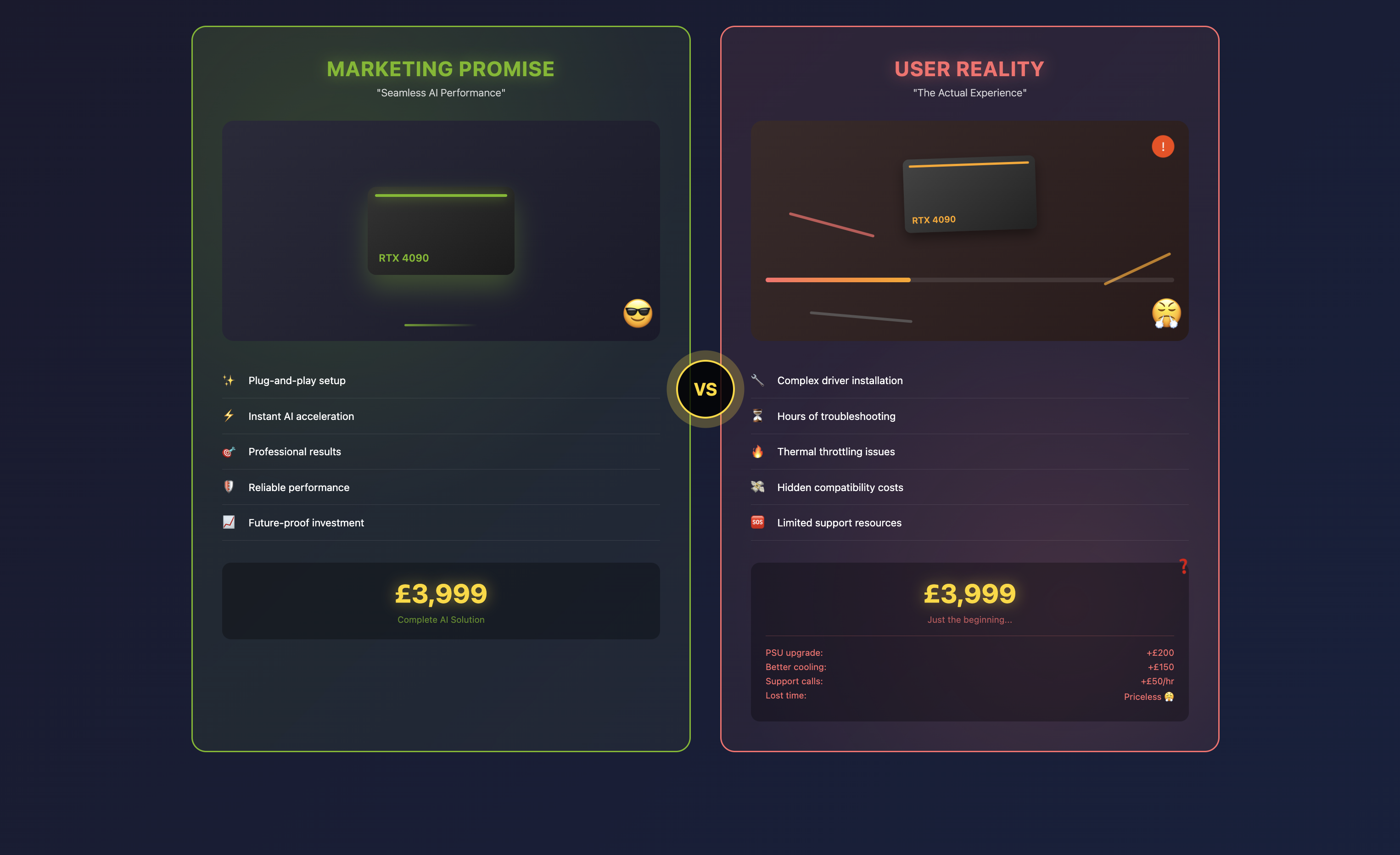 Side-by-side comparison graphic titled “Marketing Promise” versus “User Reality,” showing an RTX 4090 card under green-framed ideal benefits (plug-and-play, instant AI acceleration) contrasted with a red-framed user experience panel listing driver issues, troubleshooting hours, thermal throttling, hidden costs, and support limitations.
