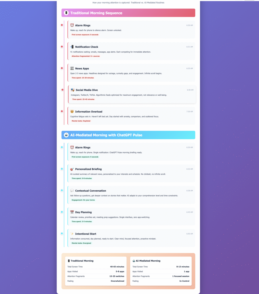 Attention economy comparison showing traditional fragmented morning routine versus streamlined AI-mediated morning with ChatGPT Pulse