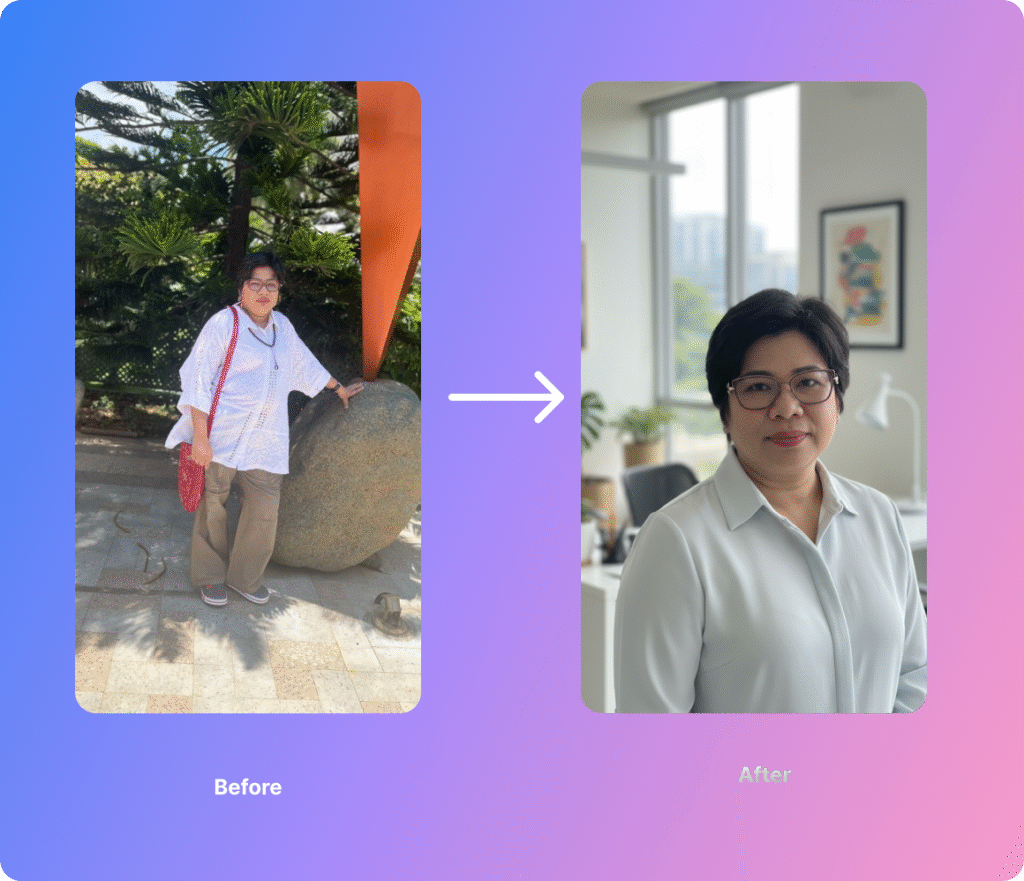 Before and after comparison showing AI transformation from casual outdoor photo to professional headshot with notable body proportion changes. 