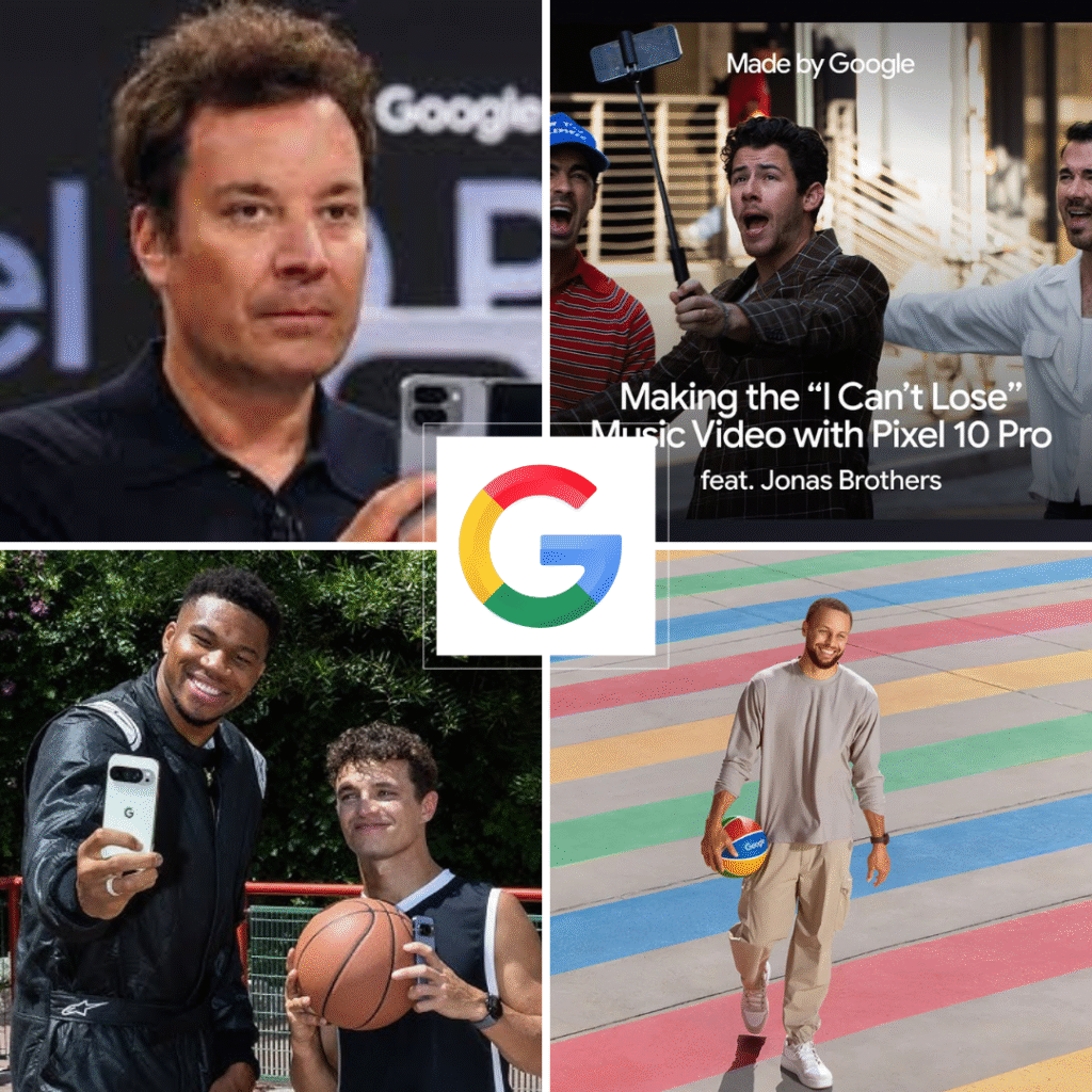 Collage of Google celebrity partners including Jimmy Fallon, Jonas Brothers and Stephen Curry with Google logo