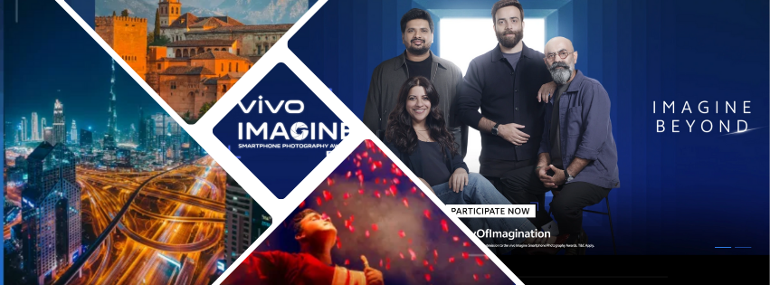 Collage for the Vivo Imagine smartphone photography awards featuring cityscapes, creative event imagery, and a group of people set against a blue "Imagine Beyond" backdrop.