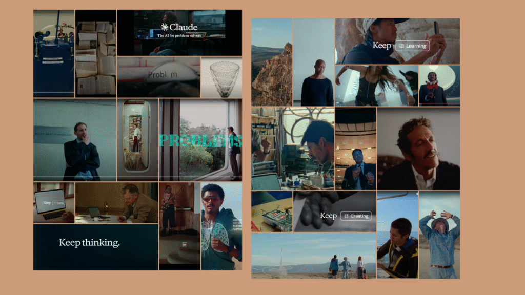 Collage of still frames from Anthropic's Claude 'Keep Thinking' advertising campaign showing diverse professionals working, problem-solving, and creating, with campaign tagline 'Keep thinking' prominently displayed