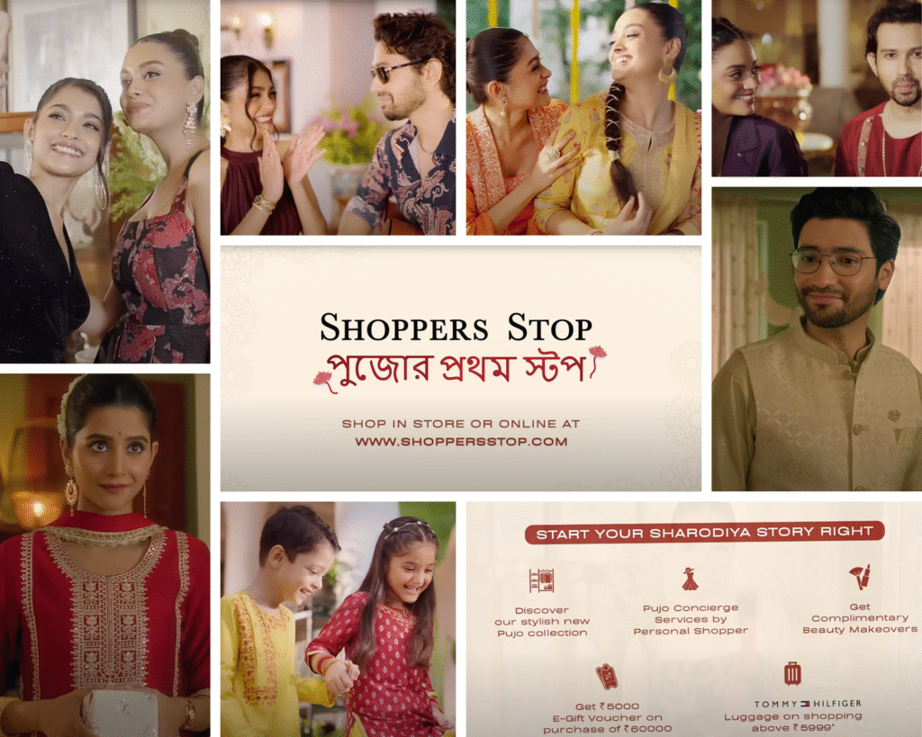 Shoppers Stop Pujor Prothom Stop campaign collage showing young, fair-skinned models in festive wear with Bengali text and promotional offers