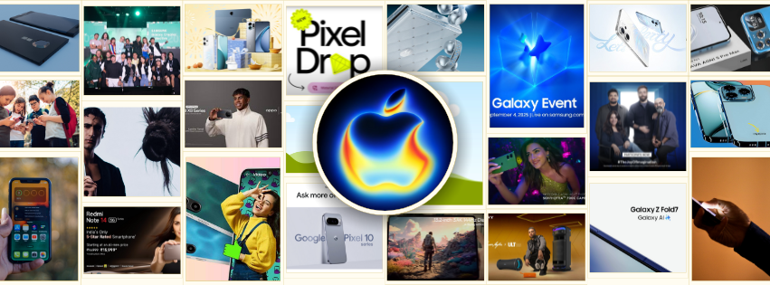 Collage of diverse smartphone launch and marketing campaign images from brands like Apple, Samsung, Google Pixel, Xiaomi, Vivo, and Motorola, centred around a glowing Apple logo.