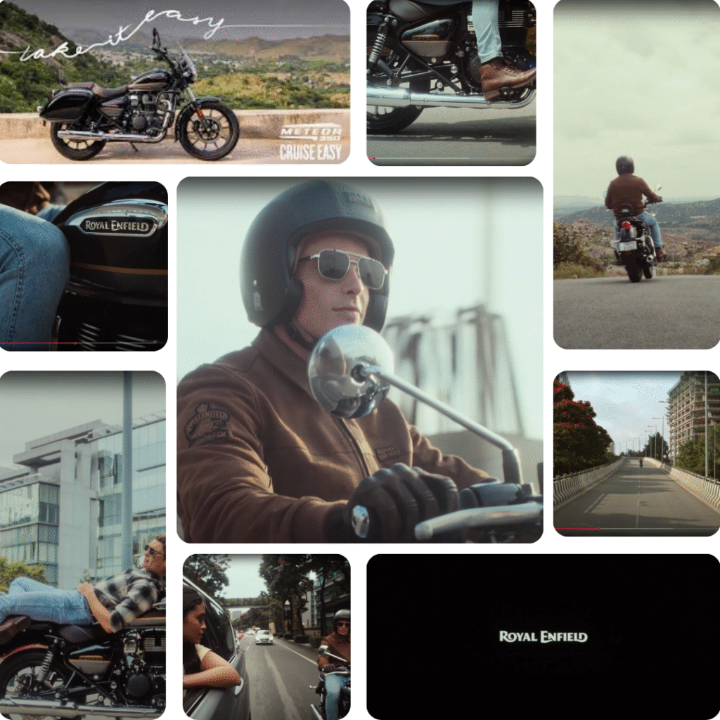 Collage of campaign stills showing Royal Enfield riders on urban roads, a close-up of the Meteor 350’s chrome engine and footpeg, an aerial shot of a lone motorcycle weaving through city traffic, and a rider cruising on an open highway.