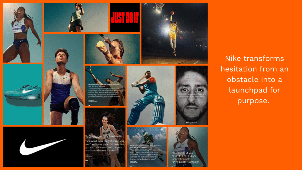 Collage of diverse athletes in motion, framed by Nike orange borders, overlaid with the Swoosh and a bold pull-quote transforming hesitation into purpose