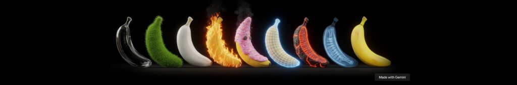 A lineup of diverse AI-generated ‘Nano Banana’ variations on a black background demonstrating playful simplicity.