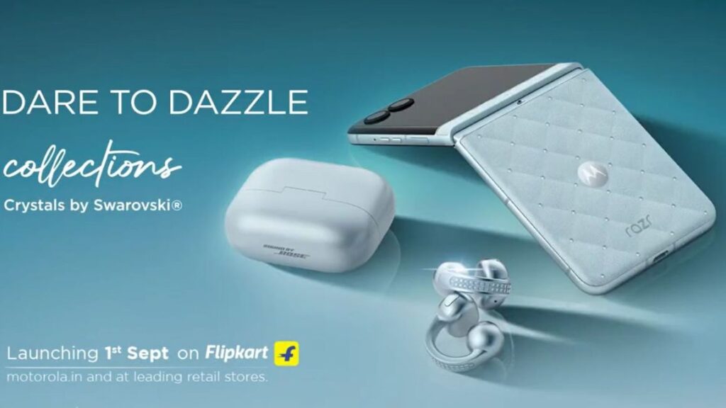 Motorola Razr flip phone and accessories from the “Dare to Dazzle” collection featuring Crystals by Swarovski, with launch details for Flipkart and retail stores.