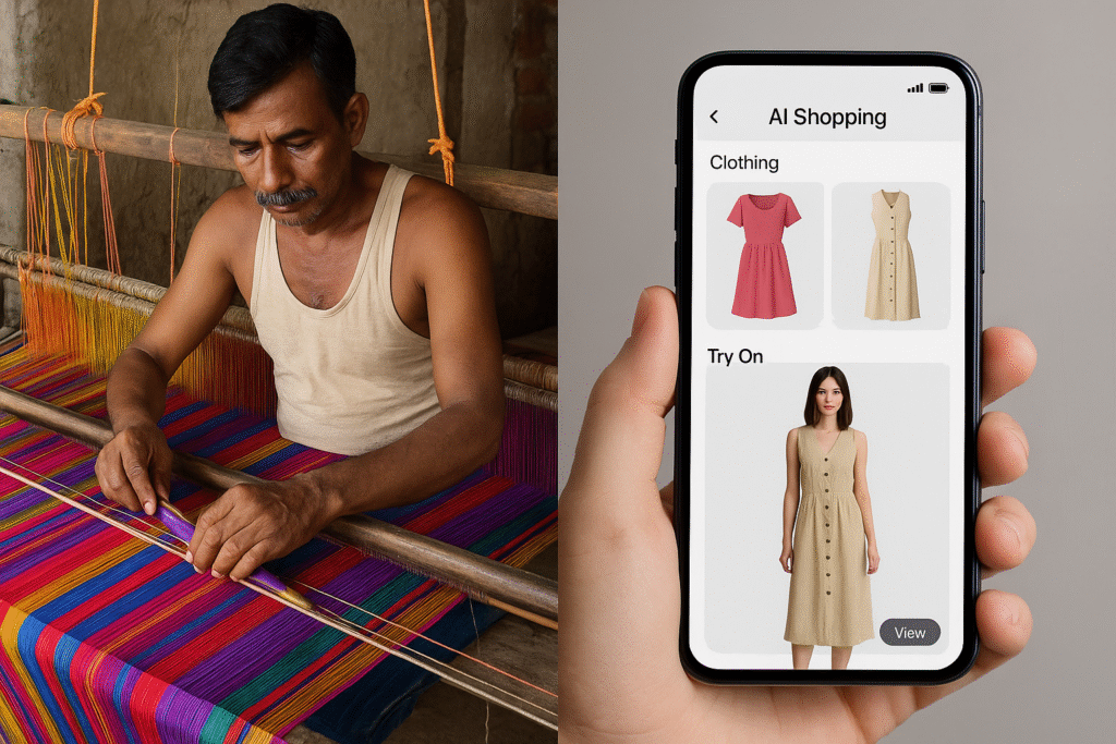 Split-screen image showing traditional handloom weaver on left contrasted with AI-powered shopping app interface on smartphone on right