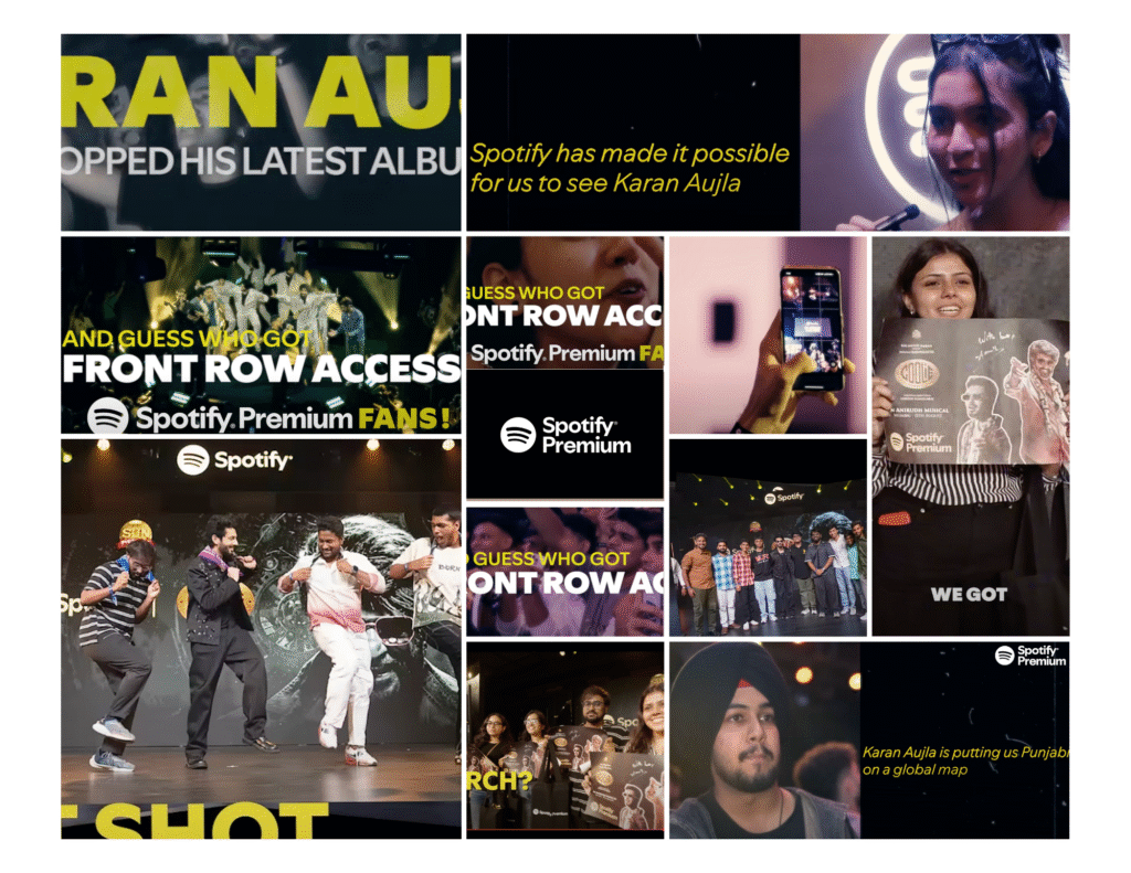 Collage of Spotify Premium live event highlights, featuring fans on stage, front row concert access, social media moments, exclusive merchandise, and event branding, illustrating the excitement and perks of being a premium subscriber in India.