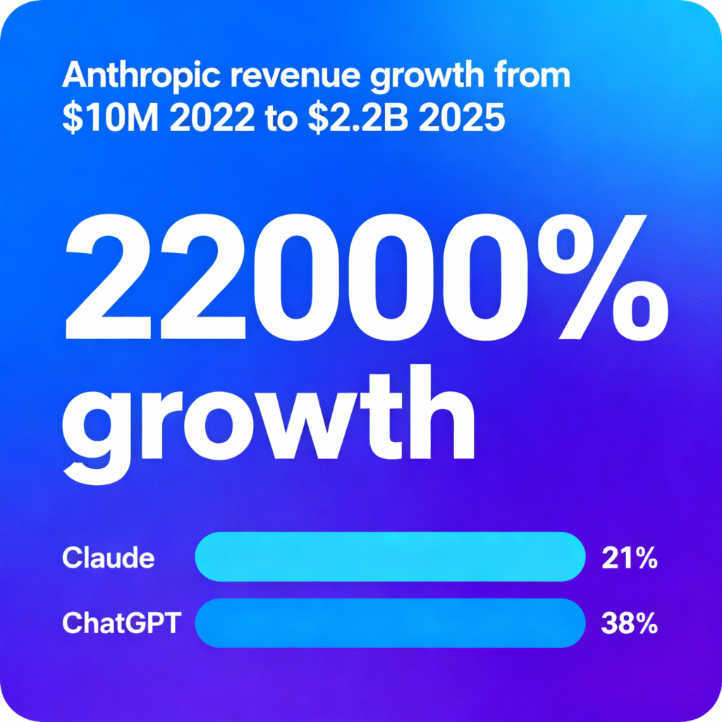 Before we dive deeper, consider Anthropic's remarkable trajectory. The company has grown from $10 million revenue in 2022 to a projected $2.2 billion in 2025. That's a 22,000% increase.