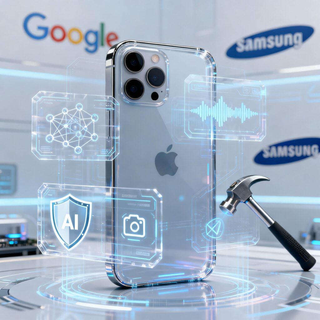 iPhone 17 Pro conceptual image with AI-powered feature overlays versus hardware durability icons, showing competitor AI logos subtly contrasted