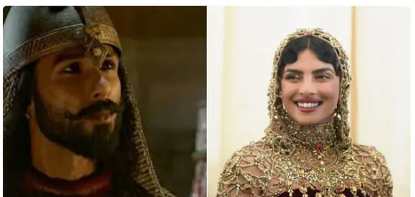 A man in medieval armour with a metal helmet and chainmail, gazing intently. Right: A woman wearing an ornate, jewel-encrusted gold headpiece and matching embroidered veil.