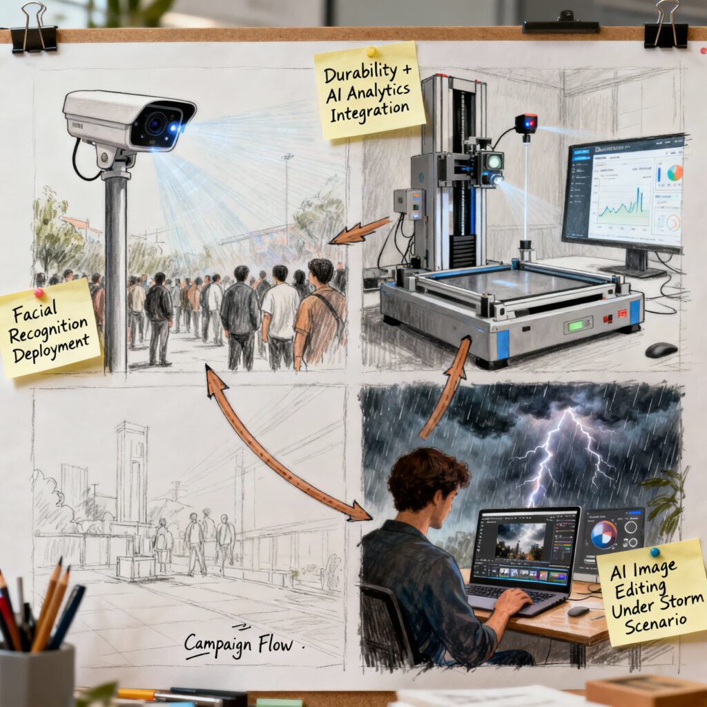 Storyboard-style panels with AI and durability integration, showing creative director’s notes and annotations.