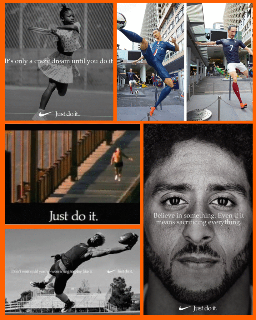  Collage of six iconic Nike “Just Do It” posters and campaigns in orange-bordered frames, featuring a vintage black-and-white tennis player, a dynamic football kicker, a solitary runner crossing a bridge, a colourful street-soccer installation, a leaping football receiver, and a close-up of Colin Kaepernick’s face.