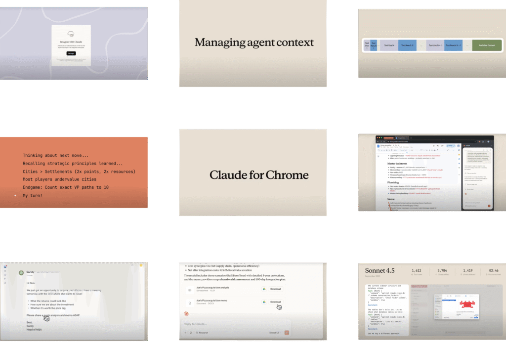 Collage of Claude Sonnet 4.5 demo screenshots showing Imagine with Claude interface, managing agent context, Chrome extension workflow, and document creation features