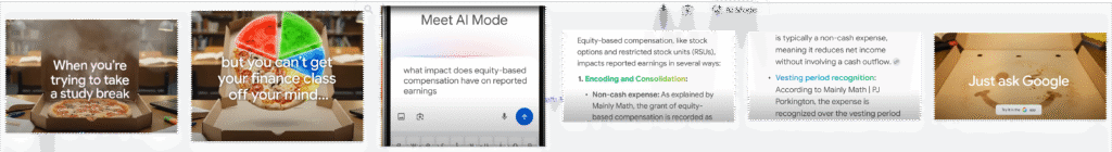 Five-frame storyboard showing a student’s pizza study break interrupted by finance stress, transitioning into Google AI Mode on a smartphone with follow-up bubbles, then back to a satisfied smile and ‘Just ask Google’ call-to-action.
