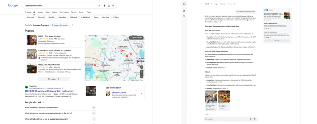 Google Search traditional results versus Google AI Mode overview for Japanese restaurants query