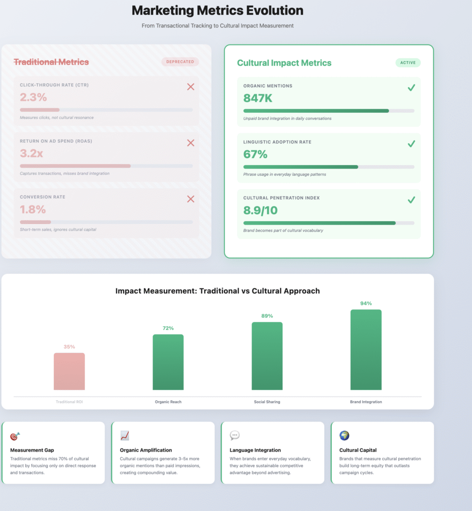 Marketing Metrics Evolution infographic comparing traditional and cultural impact metrics
