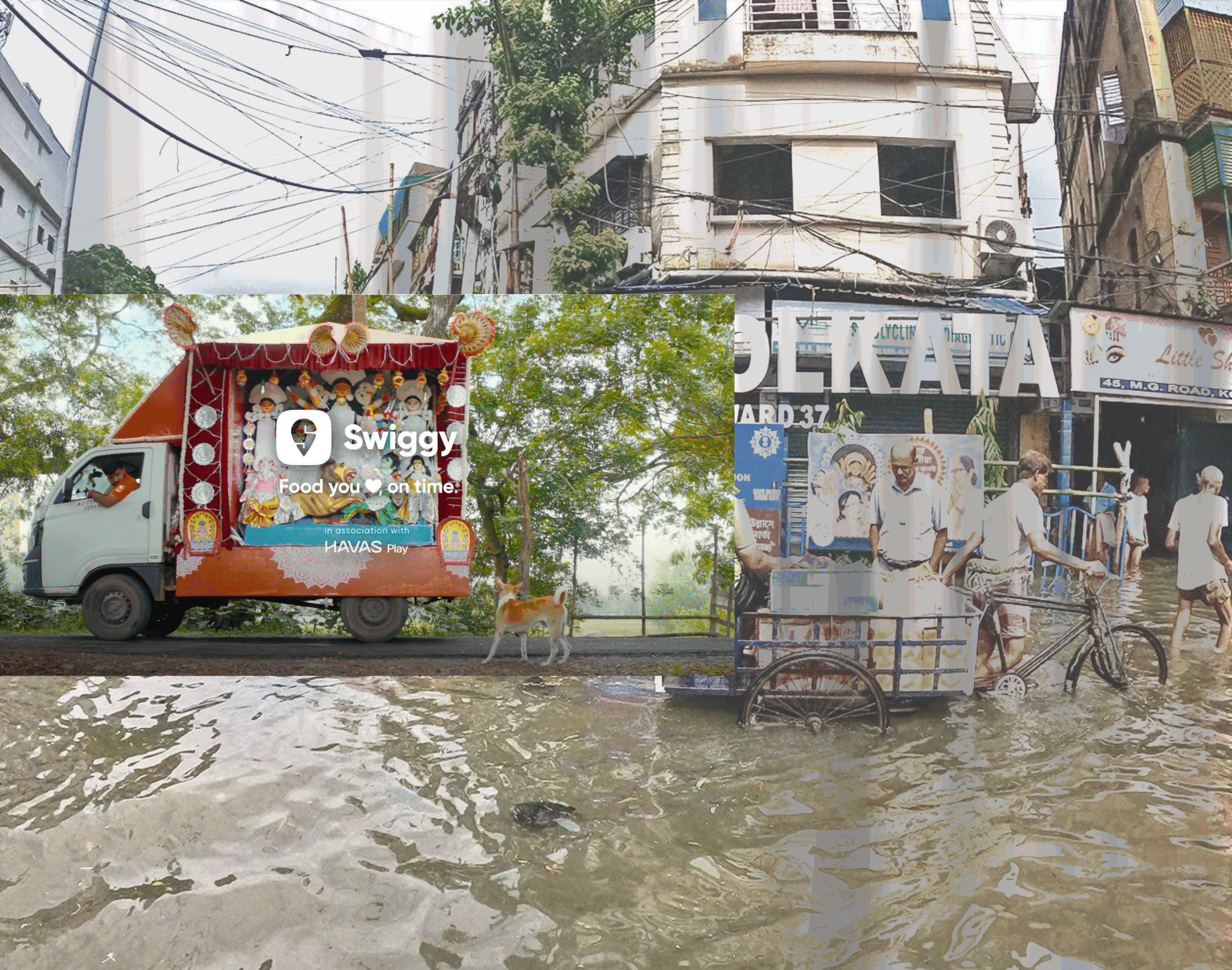 Swiggy mobile pandal truck for dogs contrasted against flooded Kolkata streets during Durga Puja 2025, showing disconnect between brand campaign and crisis reality