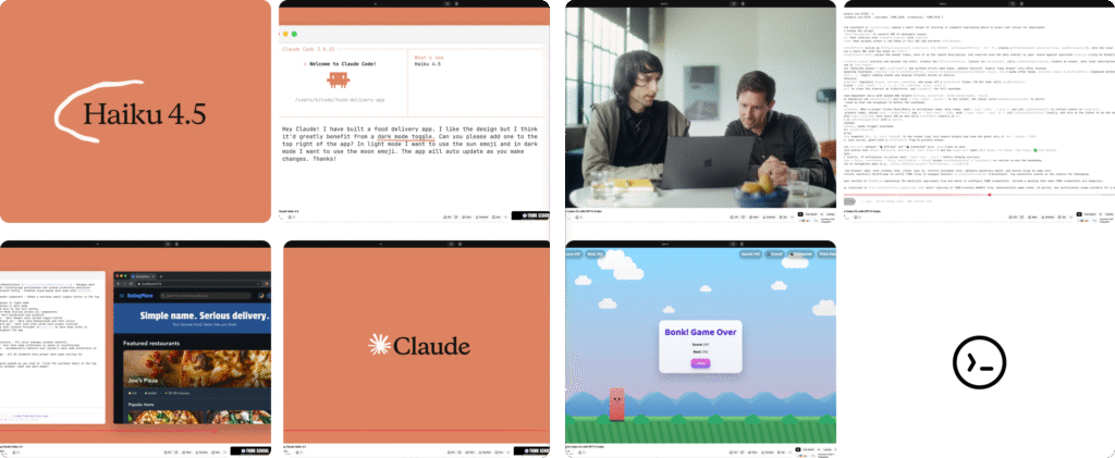 Visual comparison of Anthropic Claude Haiku 4.5 minimalist branding and OpenAI GPT-5 Codex demonstration showing contrasting developer marketing approaches through interface screenshots, collaboration scenes, and terminal icons