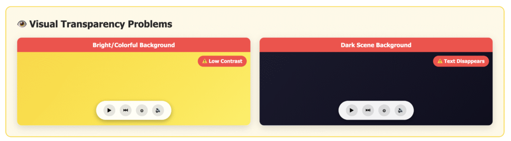Comparison of YouTube video player overlays showing poor visibility of controls over bright, colorful videos (left) versus controls with adaptive contrast over dark videos (right). Bad contrast example displayed with labels: "Dark overlay, icons hard to see," and "Bright background, buttons vanish.