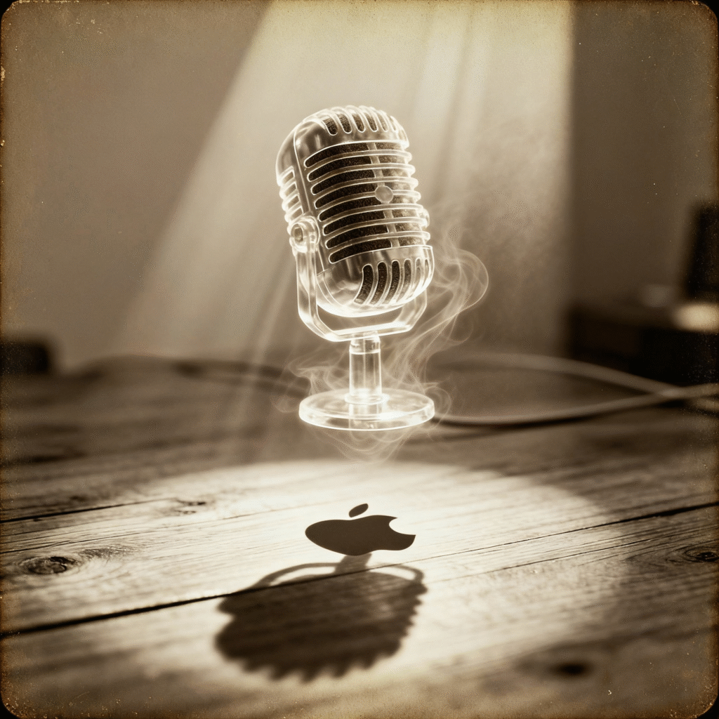 Conceptual illustration of a vintage microphone floating in mid-air with transparent quality, casting a shadow shaped like the Apple logo, representing borrowed authority and commercial appropriation of Jane Goodall's legacy
