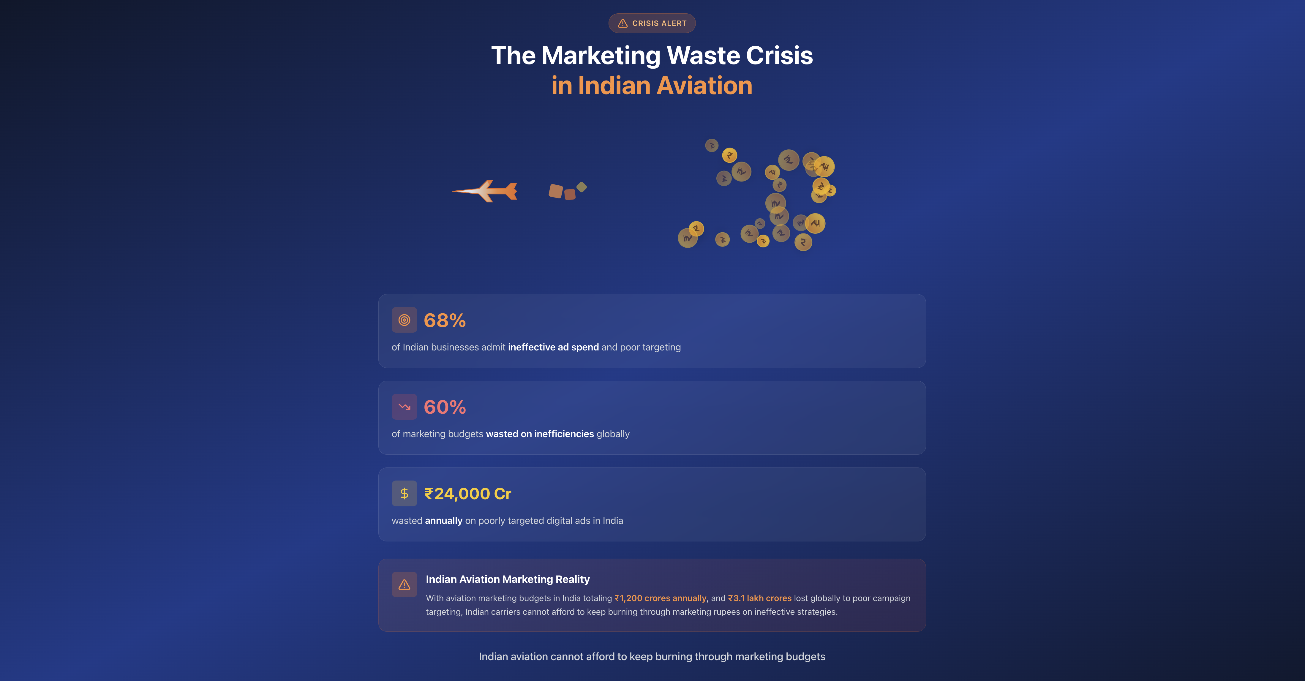  Infographic showing Indian aviation marketing waste statistics including 68% ineffective spend, 60% budget waste, and ₹24,000 crores wasted annually