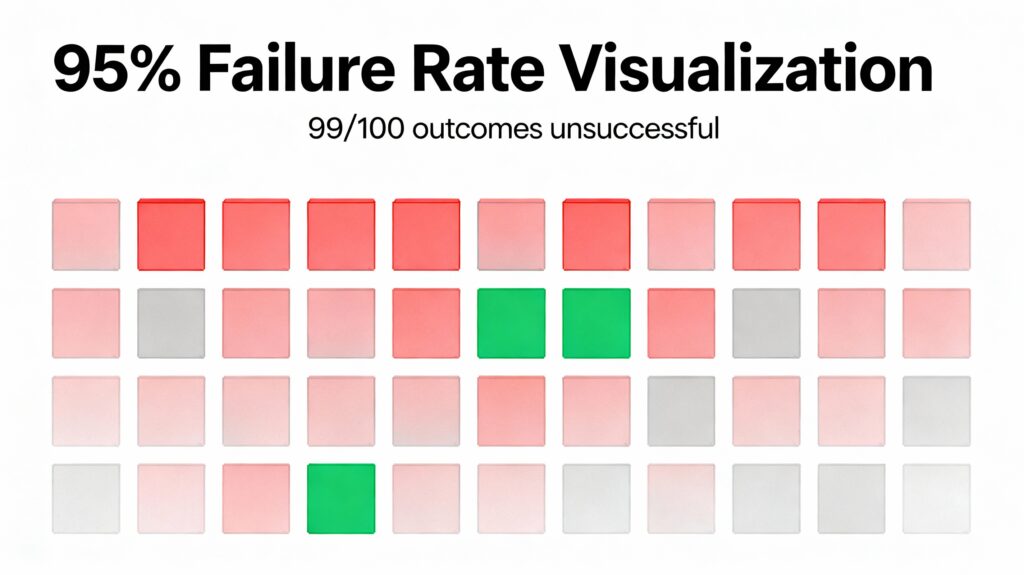 Grid of 100 squares showing enterprise AI pilot failure rate: 95 squares in red representing unsuccessful outcomes, 5 squares in green representing successful pilots, with sub-text '99/100 outcomes unsuccessfu