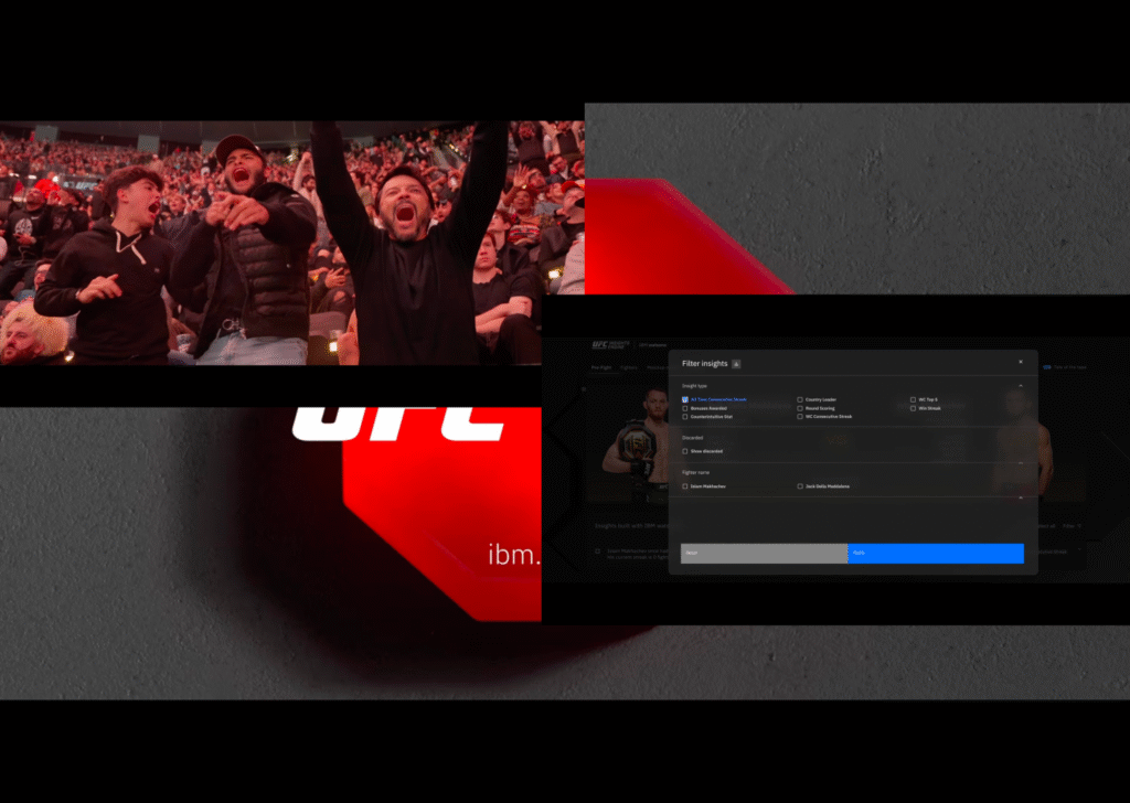 Split-screen image showing UFC crowd spectacle on the left contrasting with IBM watsonx UFC Insights Engine database filter interface on the right, illustrating AI marketing hype versus reality
