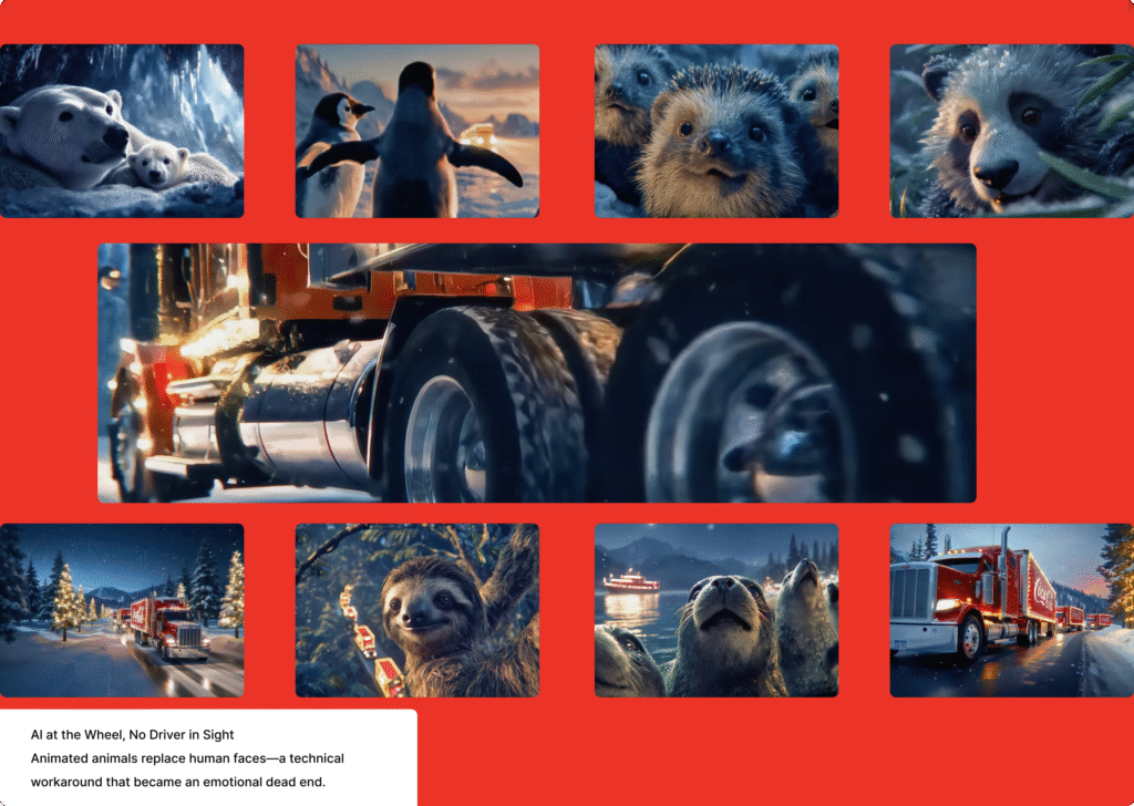 Grid of nine AI-generated animal faces (polar bears, otters, seals, wolves, raccoons) surrounding a close-up of illuminated Coca-Cola truck wheels. Headline reads: 'AI at the Wheel, No Driver in Sight.' Caption: 'Animated animals replace human faces—a technical workaround that became an emotional dead end.