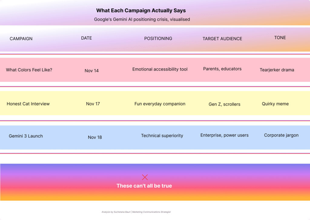 Comparison table of Google's three AI Mode campaigns showing contradictory positioning. Row 1: What Colors Feel Like (Nov 14, emotional accessibility tool, parents/educators, tearjerker drama). Row 2: Honest Cat Interview (Nov 17, fun everyday companion, Gen Z/scrollers, quirky meme). Row 3: Gemini 3 Launch (Nov 18, technical superiority, enterprise/power users, corporate jargon). Bottom text: "These can't all be true" with red X symbol.

