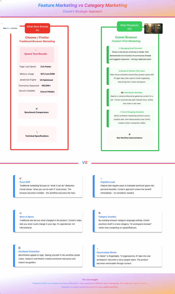 Side-by-side comparison infographic contrasting Chrome/Firefox feature-focused marketing with Comet's outcome-based category marketing approach, showing workflow demonstrations and strategic frameworks