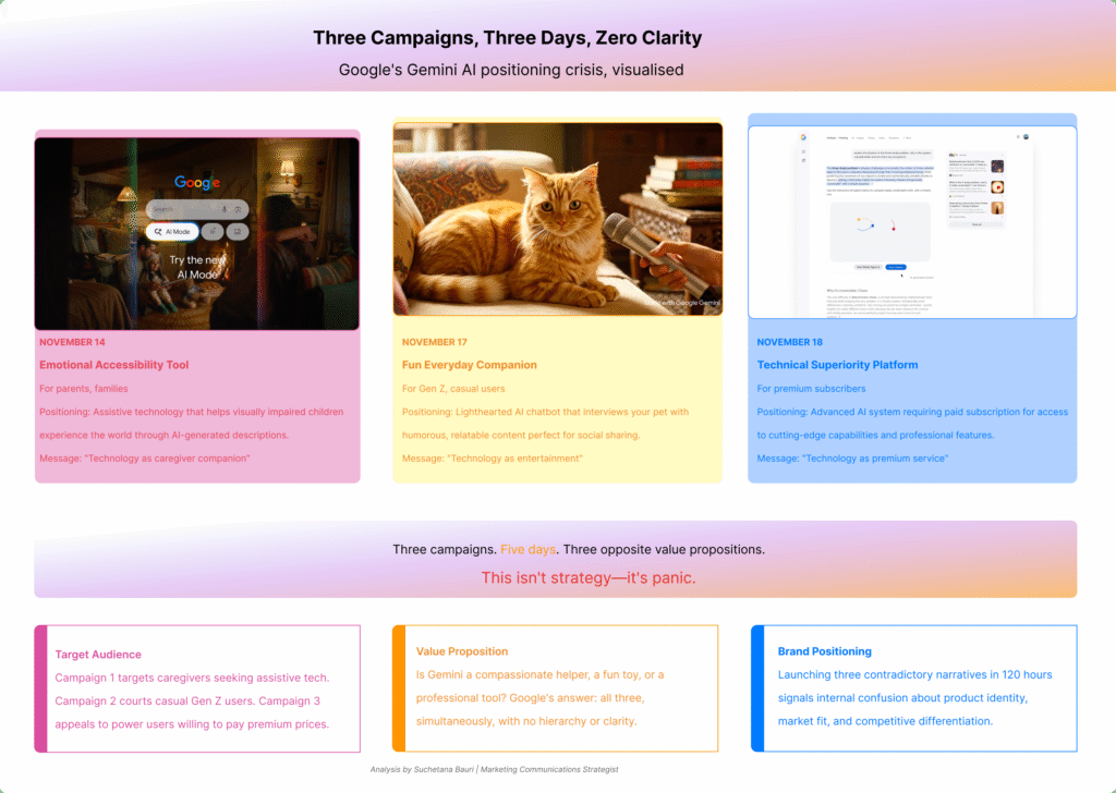 Infographic showing Google's three contradictory AI Mode campaigns launched Nov 14-18, 2025: What Colors Feel Like (emotional accessibility tool for parents), Honest Cat Interview (lighthearted chatbot for social sharing), and Gemini 3 Launch (advanced AI system for premium subscribers). Bottom text reads "Three campaigns. Five days. Three opposite value propositions. This isn't strategy—it's panic."