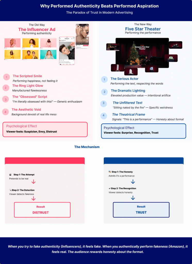 Text: Comparative infographic showing the "Influencer Ad" (left, pink aesthetic) versus "Five Star Theater" (right, theatrical dark tones), explaining the mechanism of trust.