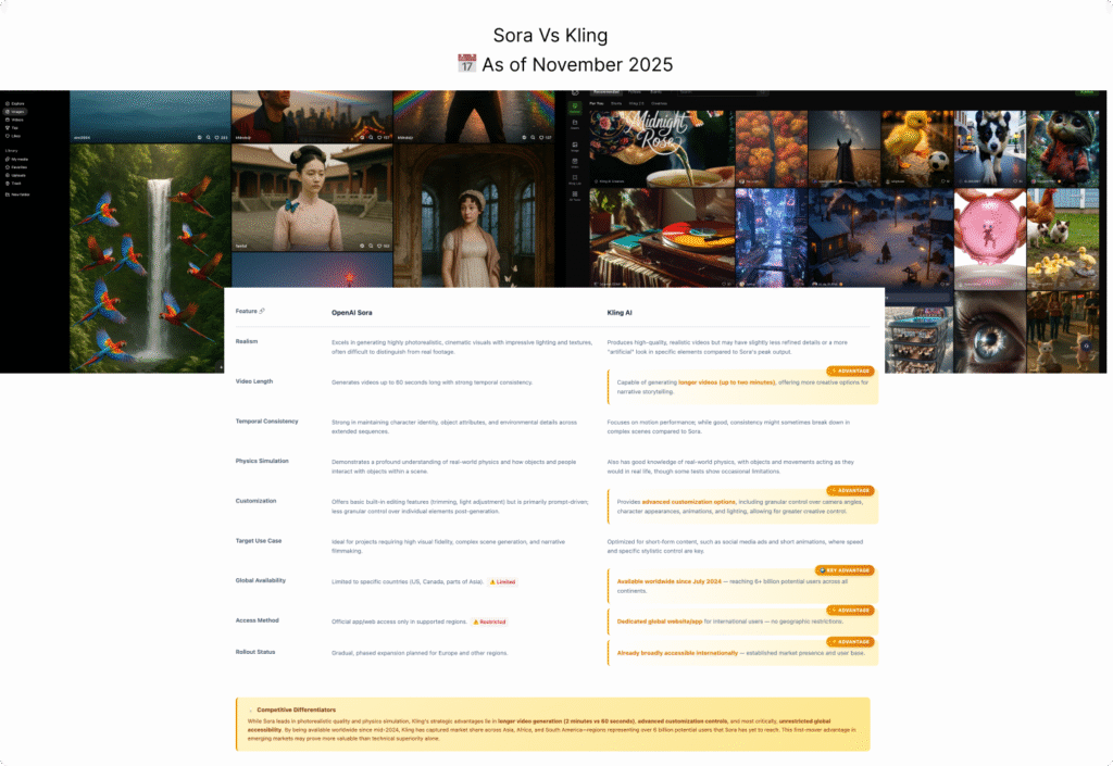 Side-by-side comparison of AI-generated visuals from OpenAI Sora and Kling AI, with a detailed feature table and highlighted advantages for Kling in video length, customization, and accessibility.