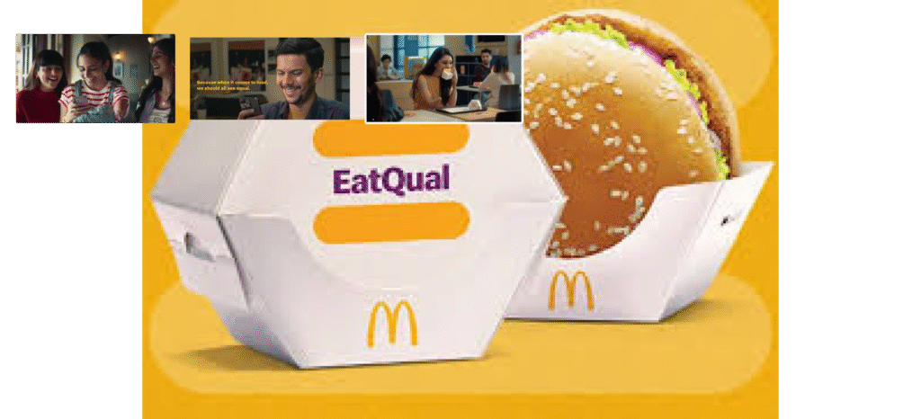 McDonald's India EatQual campaign showing innovative hexagonal burger packaging designed for accessibility. Top panel shows diverse people in everyday scenarios (conversation, work, eating). Main image displays the distinctively designed white and yellow EatQual burger box with a burger inside, set against bright yellow background. The packaging enables one-handed opening and eating for people with limited upper limb mobility.
