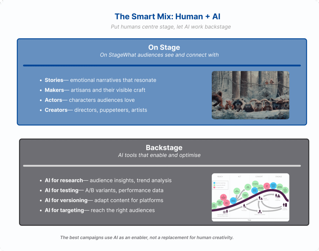Two-layer framework showing ‘On Stage’ human storytelling and ‘Backstage’ AI tools that support research, testing, and targeting.